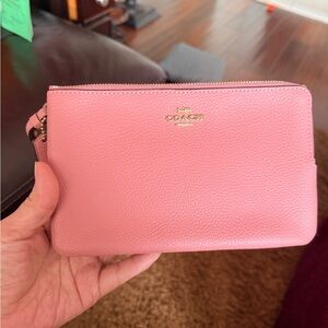 Coach Pink Pebbled Leather Clutch Wristlet with Gold Logo